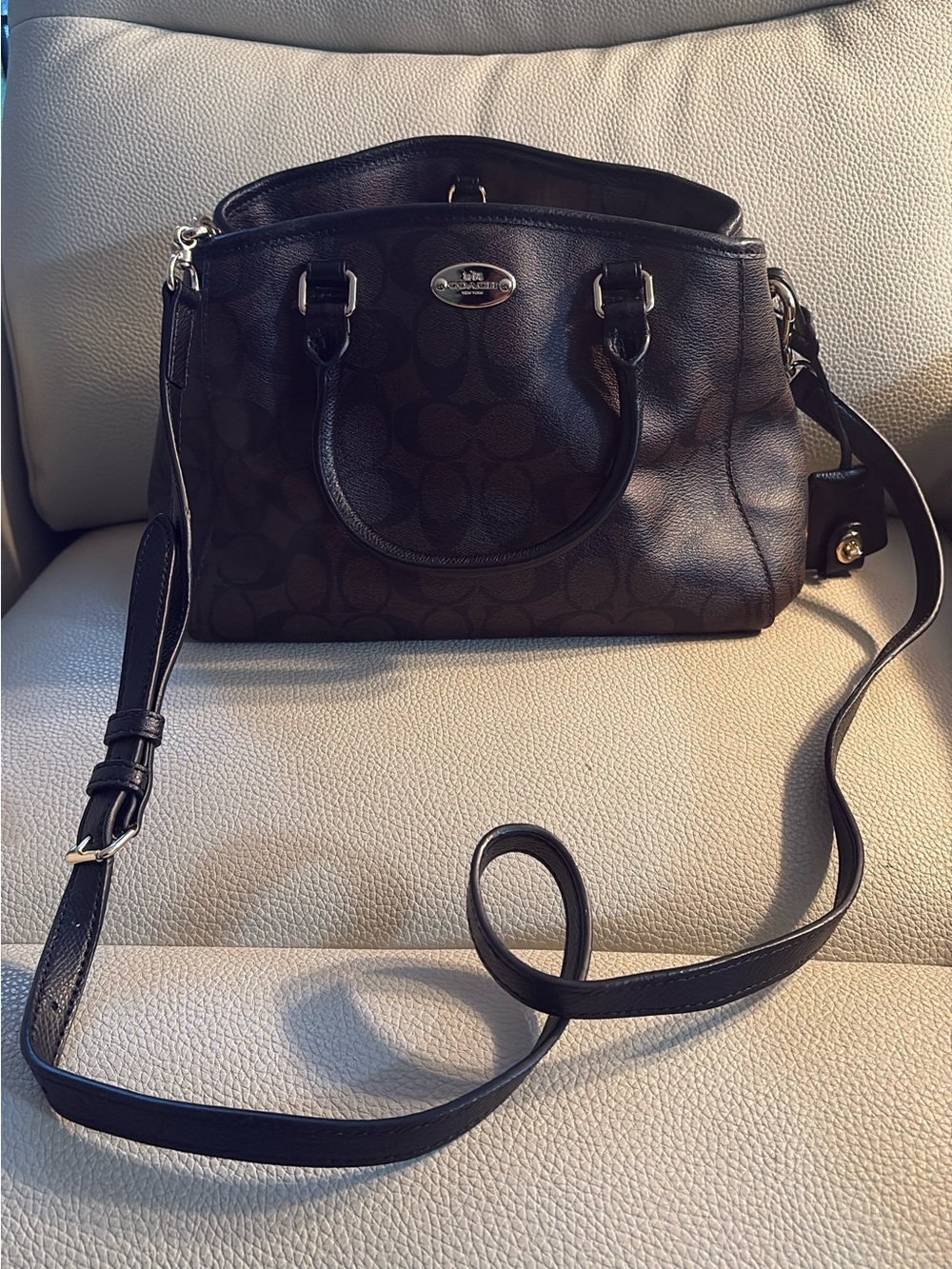 Coach Dark Brown Monogram Satchel with Crossbody Strap